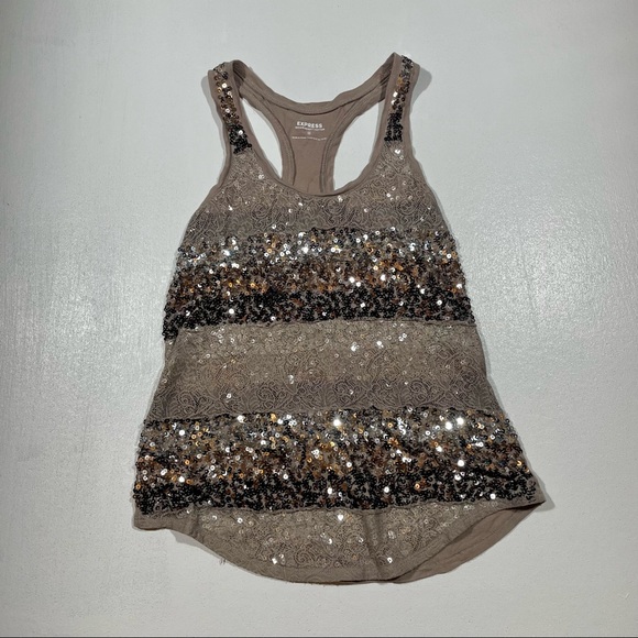 Express Tops - Express Dreamweight Cotton Stripe Sequin Glitter Tank Top New Years Eve Tan Lace